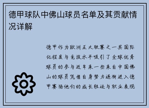 德甲球队中佛山球员名单及其贡献情况详解